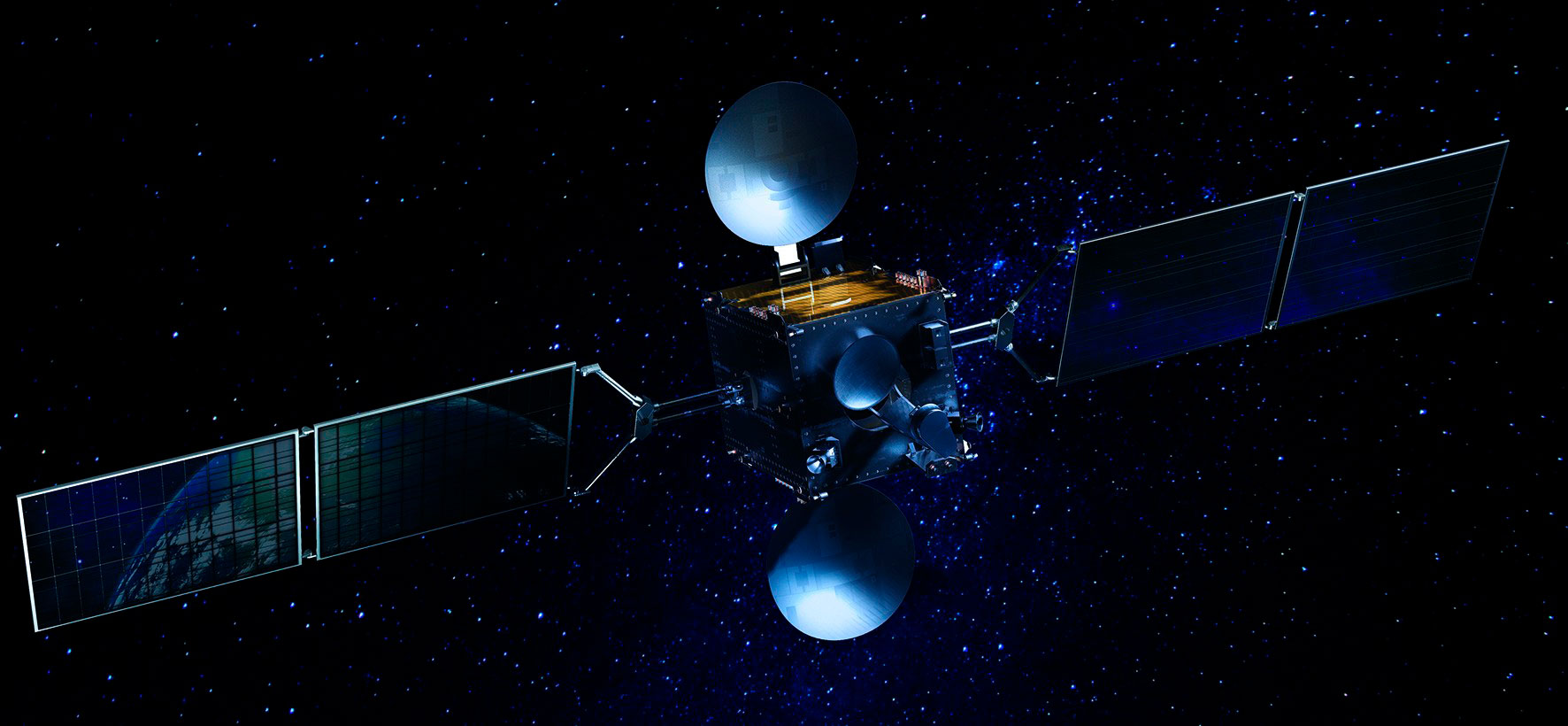 Ilustración del satélite ARSAT 2 que orbita en el espacio. Tiene tres antenas y dos paneles solares.