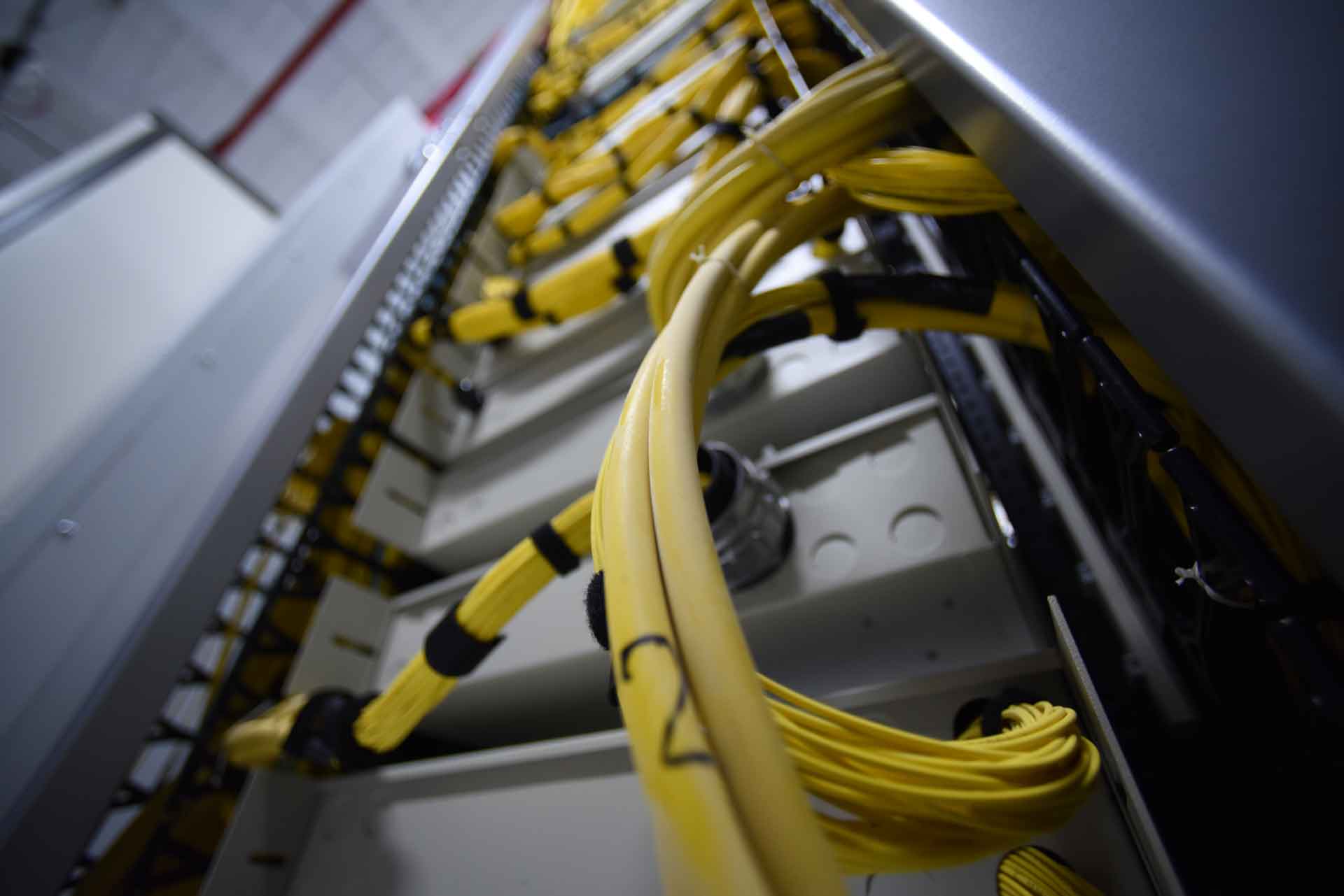 Plano contrapicado de cables amarillos conectados dentro de un rack. Es el inicio de la Red Federal de Fibra Óptica, en el Centro Nacional de Datos.